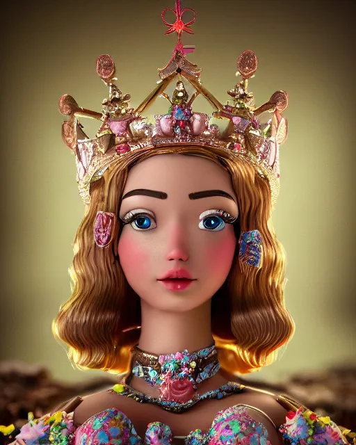 Image similar to closeup face profile portrait of a tin toy fairytale princess wearing a crown eating cakes, bikini, depth of field, zeiss lens, fashion photoshoot by max fleischer, breathtaking, detailed and intricate environment, 8 k resolution, extremely detailed, beautiful, establishing shot, artistic, hyperrealistic, octane render