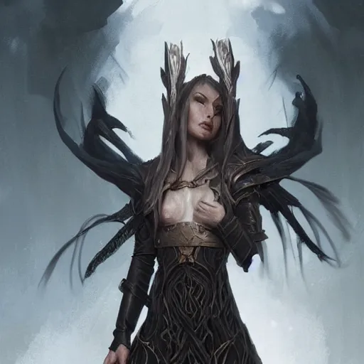 Image similar to A portrait of a female elven druid shaman wearing black leather armor, Magic the Gathering art, art by greg rutkowski, matte painting, trending on artstation, very detailed