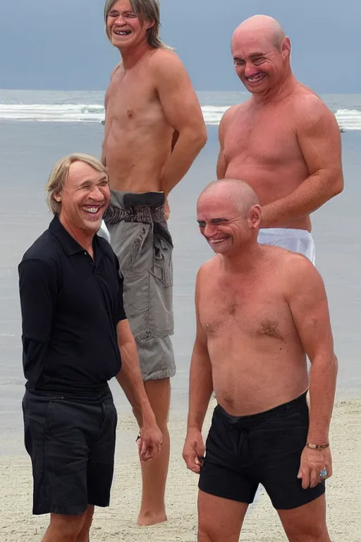 Prompt: Braco the gazer, and another man who is bulky built middle aged and who has short thick black hair with a receding hair line, on the beach laughing maniacally