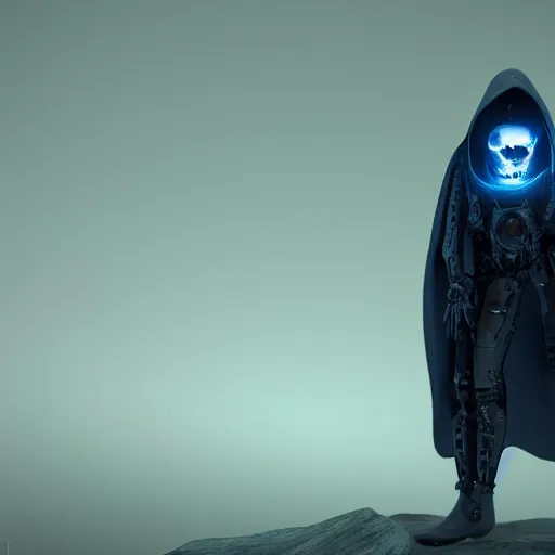 Prompt: award - winning. trending on artstation. 4 k. eerie tone. a robotic skull faced figure wearing a hooded cape made of the night sky with 1 5 dark blue glowing eyes on its face and rows of teeth on its chest. full - body. portrait.