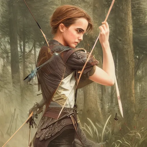 Image similar to portait of a emma watson archer shooting arrow at forest monster, front game card, drark, marvel comics, dark, intricate, highly detailed, smooth, artstation, digital illustration by ruan jia and mandy jurgens and artgerm and wayne barlowe and greg rutkowski and zdislav beksinski