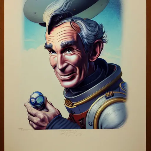 Image similar to an antique lithograph of space pirate bill nye, by stanley artgerm lau, wlop, rossdraws, james jean, andrei riabovitchev, marc simonetti, and sakimichan, tranding on artstation