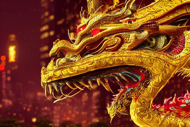 Prompt: cinematic closeup portrait of a golden chinese dragon intricately decorated with colorful jewels, detailed textures, nighttime city lights, strong bokeh, dramatic lighting, unreal engine, cgsociety, artstation, 4k