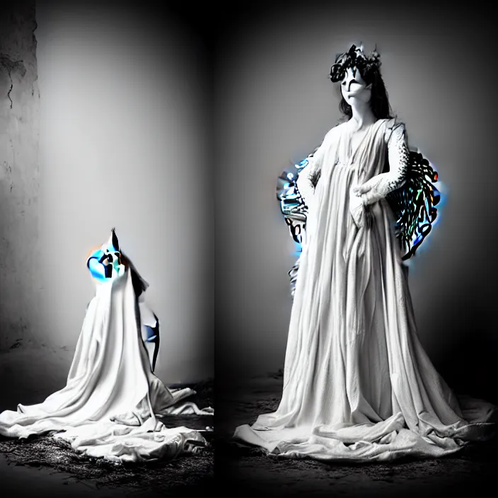 Prompt: portrait of a beautiful woman like a fallen angel, total body dressed in long intricate ornamental white dress, fine art photography by Lindsay Adler, sitting in an hall of an haunted house professional studio lighting, volumetric lighting, dark colors , hyper realistic kodak photography