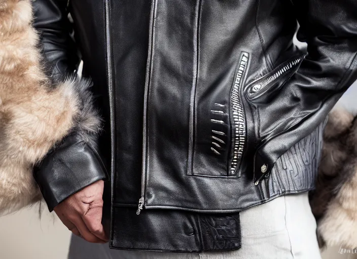 Image similar to product still of Black Panther signature leather jacket, black with silver panther teeth accents, 85mm f1.8