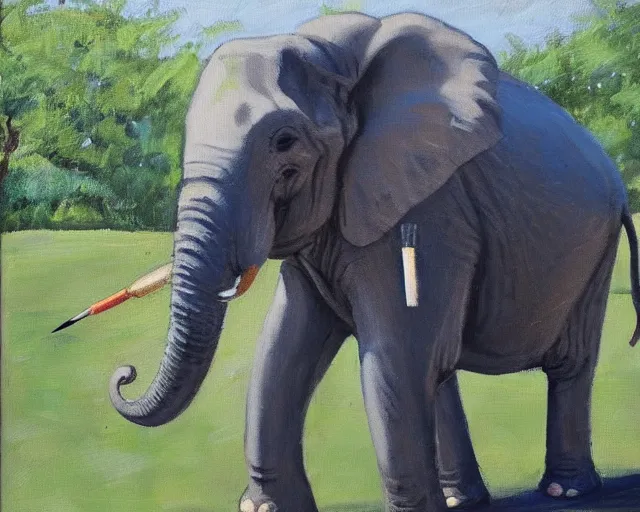 Image similar to an elephant painting a picture with its trunk holding a paintbrush while standing outside in a park on a sunny day, octane, shot on an iphone,