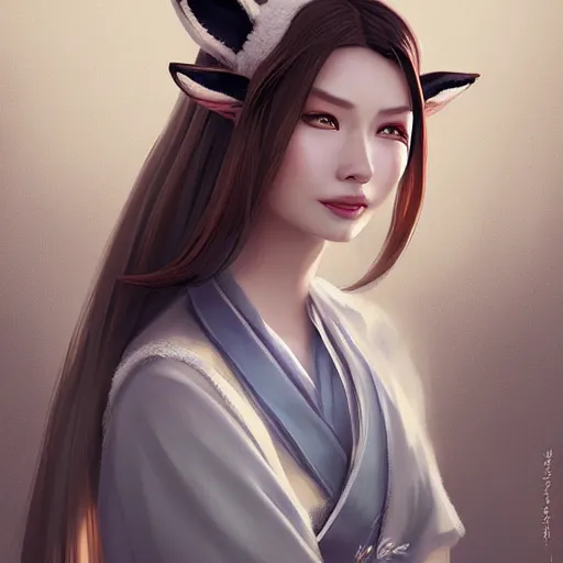 Prompt: A potrait of a beautiful, shapely woman with fox ears wearing a modest kimono from Skyrim, digital painting, by Stanley Artgerm Lau, WLOP, Rossdraws, LeraPi, and Sakimichan, digtial painting, trending on ArtStation, deviantart, SFW version