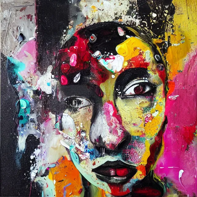 Prompt: “ a portrait in a female art student on a street in nairobi, fear, afraid, bustling, art supplies, anxiety, medical supplies, pills and medicine, ikebana, herbs, a candle dripping white wax, squashed berries, berry juice drips, acrylic and spray paint and oilstick on canvas, surrealism, neoexpressionism ”