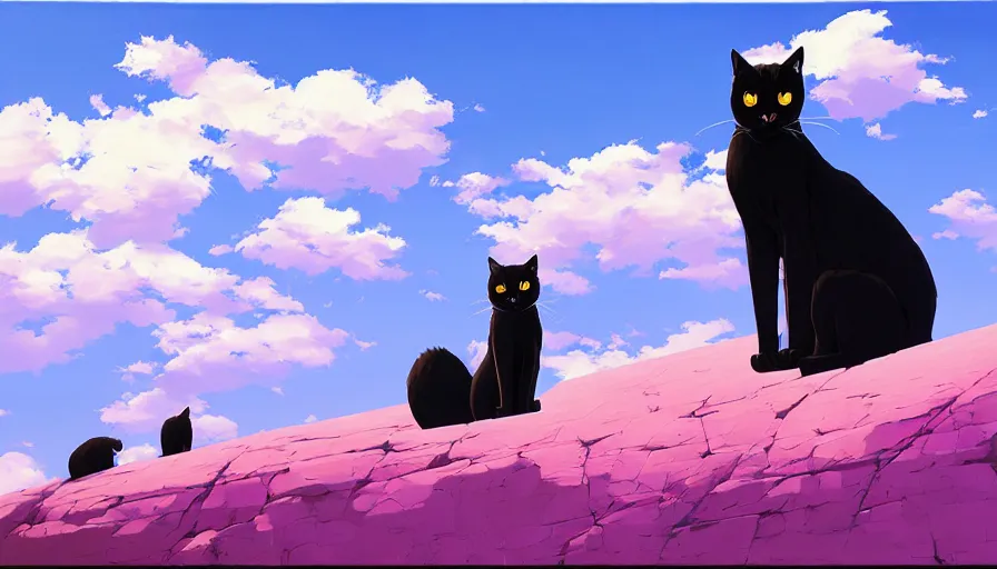 Prompt: highly detailed contemporary acrylic painting of really tall sitting cats by makoto shinkai, thick brush strokes and visible paint layers, glistening clouds in background, purpleb blue black, white and pink color scheme