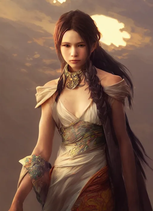 Image similar to a Photorealistic dramatic hyperrealistic render of a beautiful Final Fantasy 10 character Yuna by WLOP,Artgerm,Greg Rutkowski,Alphonse Mucha, Beautiful dynamic dramatic dark moody lighting,shadows,cinematic atmosphere,Artstation,concept design art,Octane render,8K