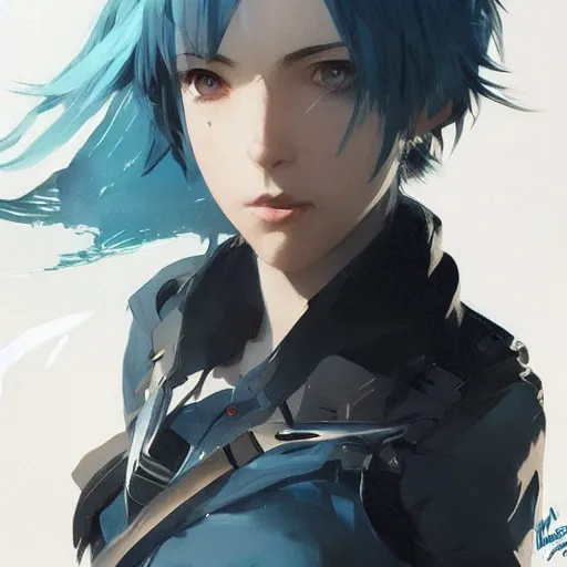 Image similar to realistic portrait of Sinon from sword art online, short blue hair, dramatic lighting, illustration by Greg rutkowski, yoji shinkawa, 4k, digital art, concept art, trending on artstation