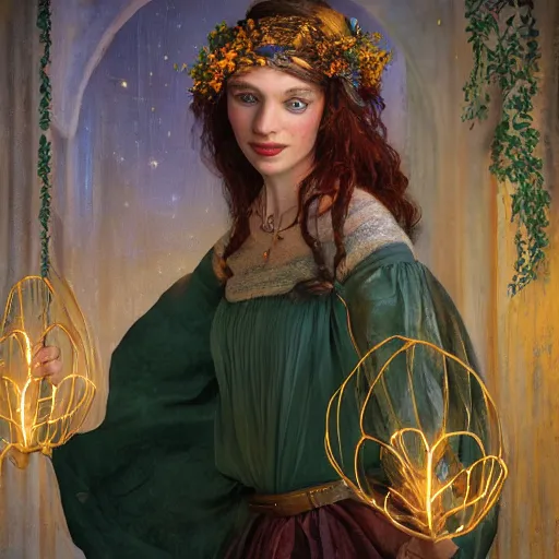 Image similar to a totally amazed smiling pretty woman surrounded by golden firefly lights in a mesmerizing scene, fully covering intricate detailed bohemian outfit, long loose red hair, precise linework, accurate green eyes, small nose with freckles, beautiful smooth oval head, expressive emotions, hyper realistic ultrafine portrait by artemisia gentileschi, jessica rossier, greg rutkowski, artgerm