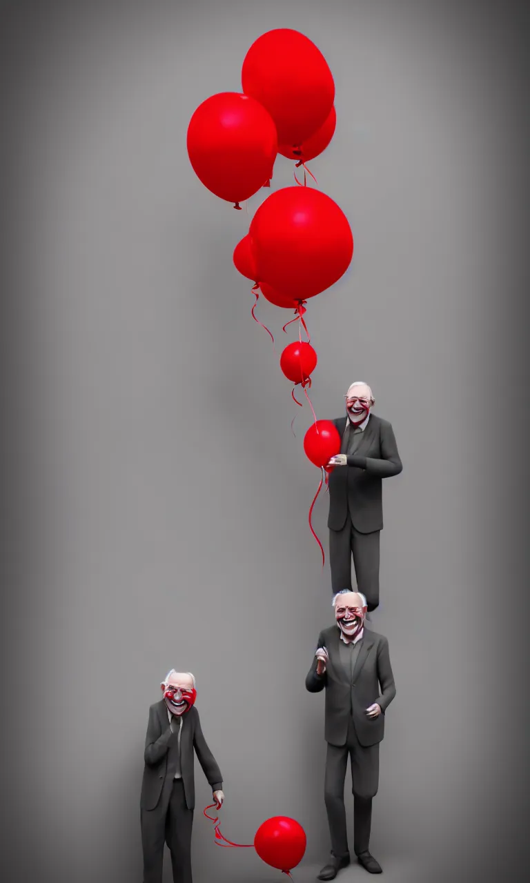 Image similar to illustration of smiling old man with red balloons, highly detailed, digital painting, concept art, smooth, sharp focus, epic composition, gothic art, artstation, concept art, octane render, retrofuturistic