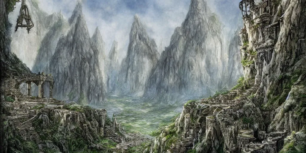 Image similar to an elven city built into the side of a cliff, pristine, by alan lee, lord of the rings, smooth, detailed terrain, oil painting, extremely detailed matte painting, trending on artstation