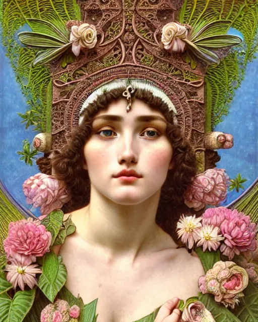 Image similar to hyperrealistic detailed portrait of a beautiful young goddess with an intricate headgear morphing into a gothic cathedral, authentic ornamental architecture, flowers, art by ernst haeckel, john william godward, android jones, alphonso mucha, h. r. giger, gothic, neo - gothic, ornamental, beautiful deep colours,