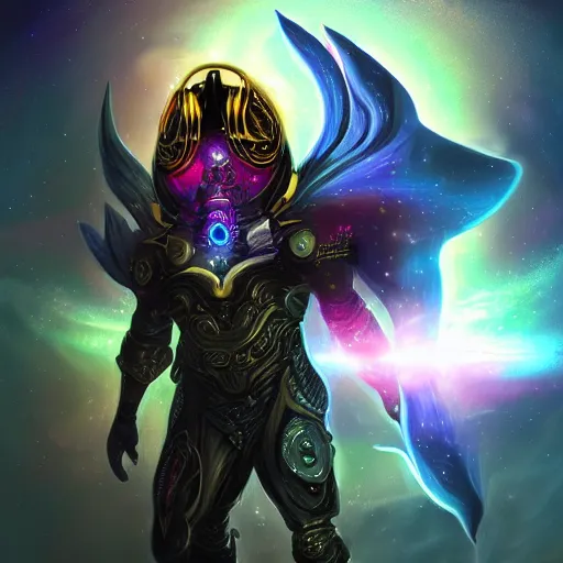 Image similar to photorealistic fantasy cosmic concept art of a cosmic nebula God in dark matter armor hovering in a unknown galaxy, fully body portrait, cinematic, dynamic lighting, ultra detailed, creative, trending on art station