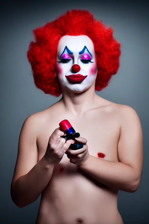 Prompt: a clown putting on makeup, fine - art photography, portrait, award - winning photo, 4 k, 8 k, studio lighting, nikon d 6, 3 5 mm