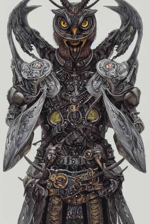 Image similar to full body concept art of owl wear baphomet armor made with porcelain by jeff easley and peter elson, beautiful eyes and face, symmetry face, galaxy, gothic, surreal, dread, highly detailed, intricate complexity, epic composition, magical atmosphere, masterpiece, award winning, trending on artstation