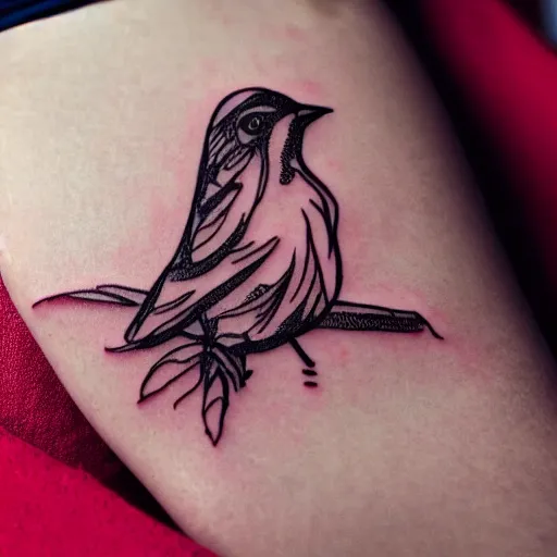 Prompt: a wireframe red tattoo of a nightingale bird on a leg.