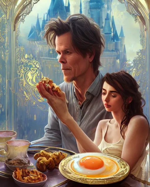 Prompt: kevin bacon eating fried eggs ana de armas serving him his eggs, highly detailed, gold filigree, romantic storybook fantasy, soft cinematic lighting, award, disney concept art watercolor illustration by mandy jurgens and alphonse mucha and alena aenami, pastel color palette, featured on artstation