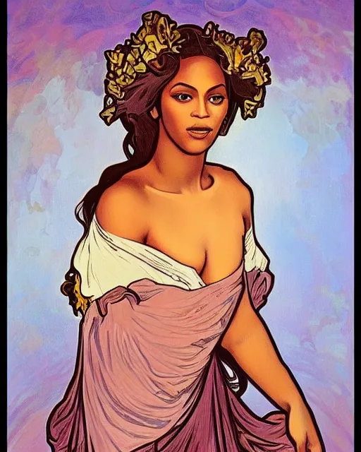 Prompt: a portrait painting of ( ( ( beyonce ) ) ) in the style of alphonse mucha!!!