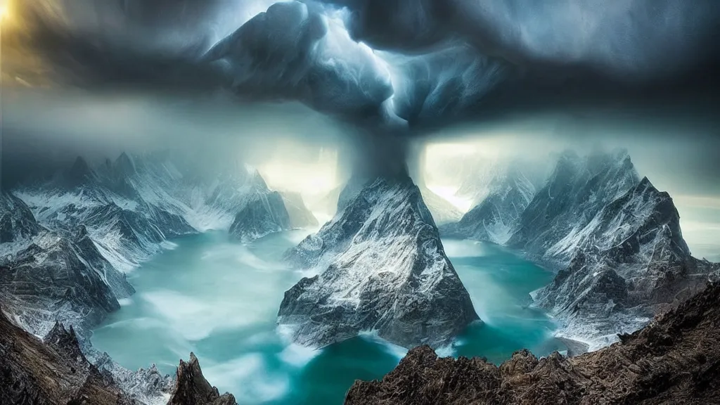 Image similar to amazing landscape photo of the end of the world by marc adamus, beautiful dramatic lighting