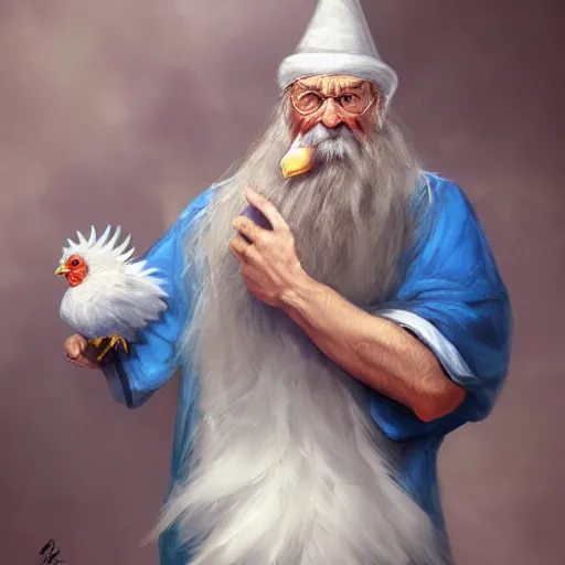 Image similar to a kind old wizard with a long white beard looking a confused, holding a pet chicken perched top of his hat, wearing a blue robe, realistic, detailed, trending on ArtStation, by Tony Sart