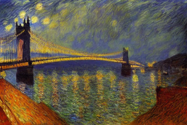 Image similar to beautiful painting of the clifton suspension bridge by claude monet, stormy night, lightning