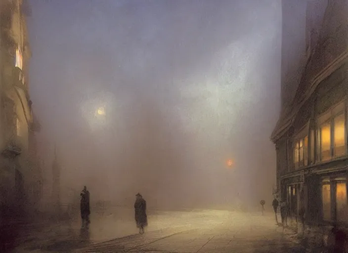 Image similar to 1 9 th century london, art by caspar david friedrich, thomas lawrence, john martin, dark, shady alleys, pub, pub sign, thick fog, coherent composition,