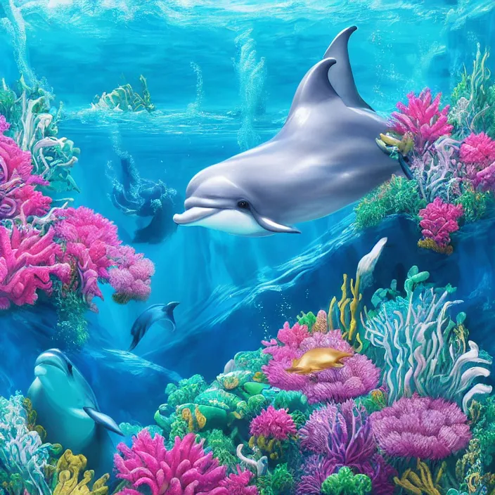 Image similar to trending on artstation, highly detailed, vaporwave surreal ocean, dolphins, pool, checkerboard pattern underwater, cuastics, award winning masterpiece with incredible details, artstation, a surreal vaporwave vaporwave vaporwave vaporwave vaporwave painting by thomas cole of an old pink mannequin head, flowers growing out of its head, sinking underwater, highly detailed