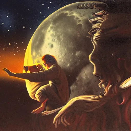 Image similar to a photorealistic image of the bad incubus on the moon playing music