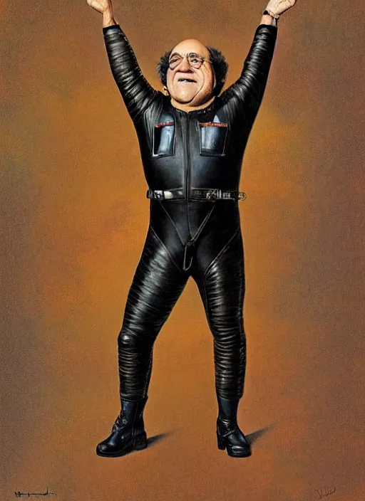 Prompt: upper body portrait of danny devito wearing a leather spacesuit by norman rockwell and mandy jurgens and john singer sargent