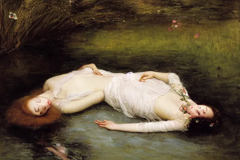 Prompt: a virtuosic portrait of a beautiful young ophelia, lying dead, drowned, with closed eyes, floating in the dark waters of a river surrounded by high green grass and many fine flowers, wearing a nicely crafted antique dress, by sir john everett millais, realistic, hyperdetailed, ethereal, sad, masterpiece, oil painting