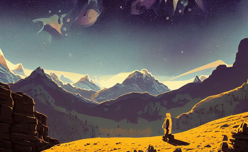 Prompt: mountains, stars and paisley filled sky, artstation, intricate, highly detailed, digital painting, concept art, sharp focus, illustration by Raphael Lacoste and Tom Whalen