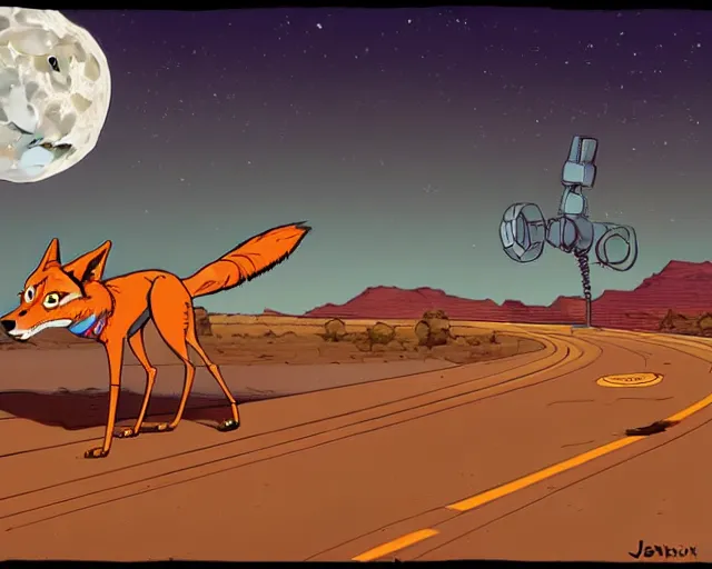 Image similar to a study of cell shaded cartoon of a six legged mechanical coyote on a desert road, in front of a big moon illustration, wide shot, subtle colors, post grunge, concept art by josan gonzales and wlop, david rubin, mike mignola, laurie greasley, highly detailed, sharp focus, trending on artstation, hq, deviantart, art by artgem