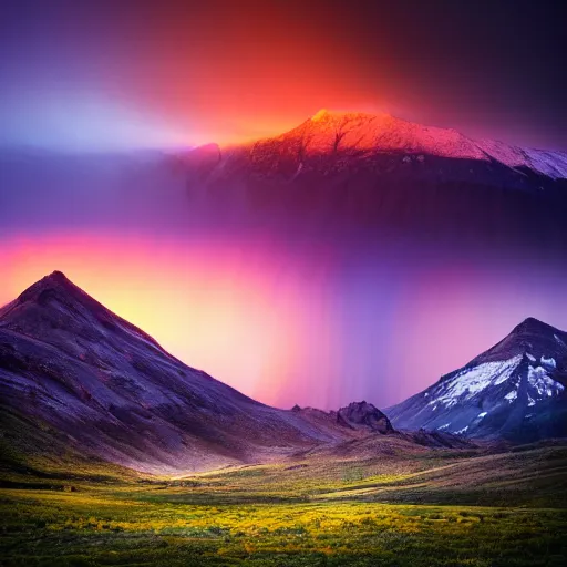 Image similar to amazing landscape photo of mountains in sunset with a purple tornado in the sky by marc adamus, beautiful dramatic lighting
