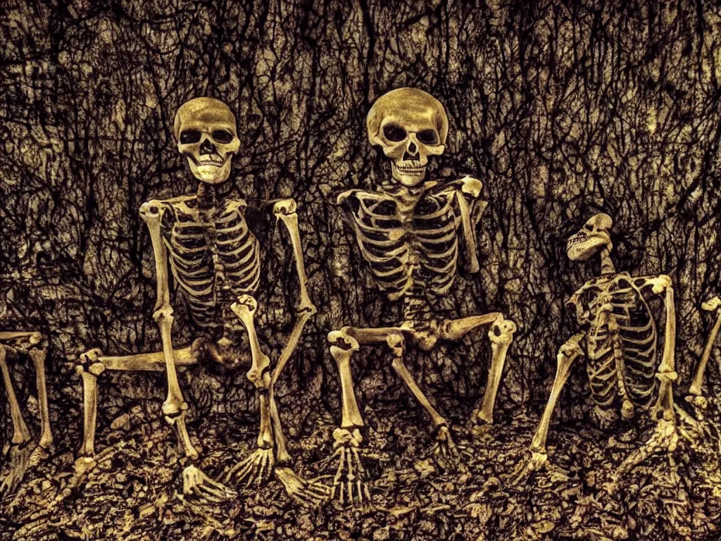 Image similar to crt filter, tilted amateur home video of skeletons running through a dimly lit dark forest at night, photorealistic amateur photography low camera angle