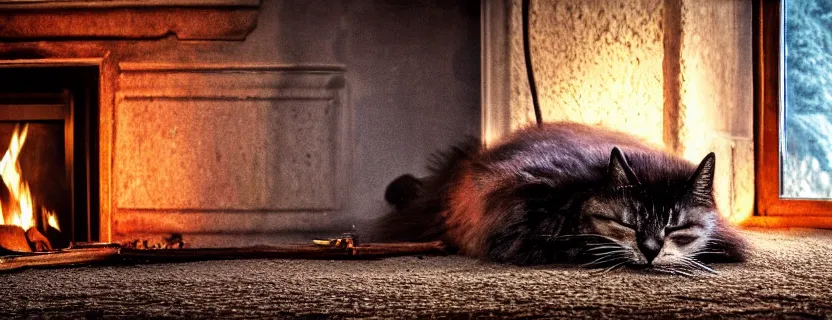 Image similar to a beautiful hairy cat sleeping next to a skull on an old carpet next to a burning fireplace, livingroom with windows and door, night time, 4K, photorealistic, cinematic, moody fireplace lighting, UHD, HDR