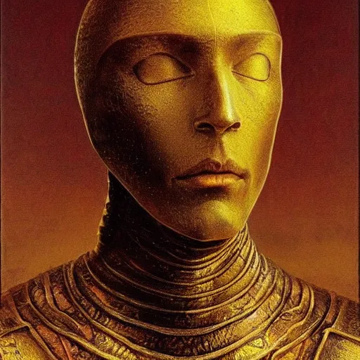 Prompt: portrait of powerful mighty noble knight in golden armour. He has golden hairs. Painting by Beksinski