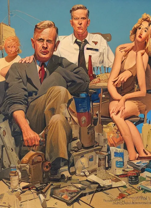 Image similar to a convergence of bad ideas, an ultrafine detailed painting by john philip falter, austin briggs, cg society, american scene painting, dystopian art, american realism, academic art, movie poster, poster art