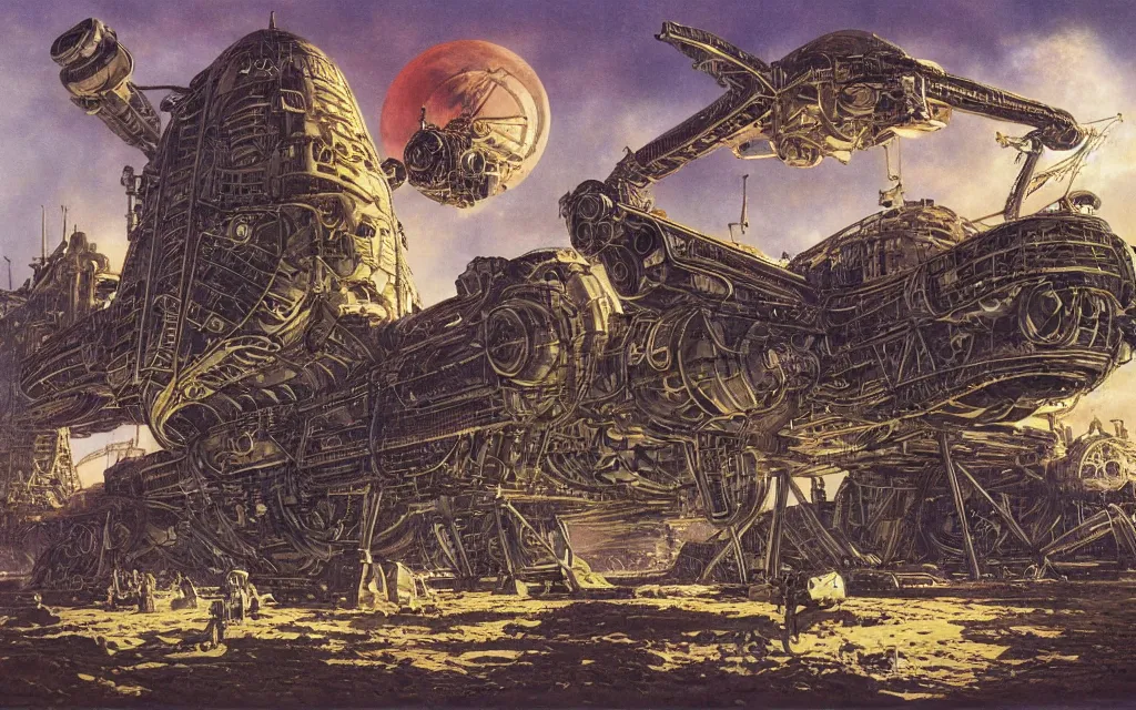 Prompt: complex alien technology in the form of a large spacecraft, with multiple levels and strange symbols by rodney matthews and howard pyle