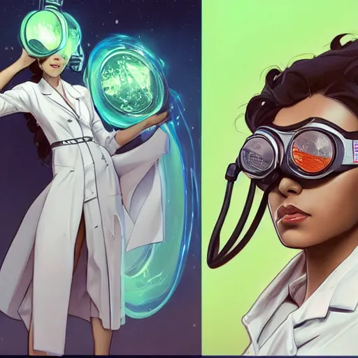 Image similar to a full body character design by artgerm, cushart krenz, greg rutkowski and alphonse mucha. cute african mad scientist woman lab coat!! green plasma laser gun!! goggles visor!! bold outline sharp edges. ultra clear detailed. 8 k. ultra detailed, elegant, intricate, octane render. felt!!! texture