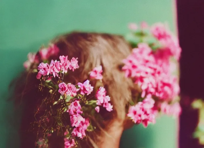 Image similar to extra close-up, color film photography, the back of a woman\'s head with interwoven flowers against a pink wall, daylight, 35mm