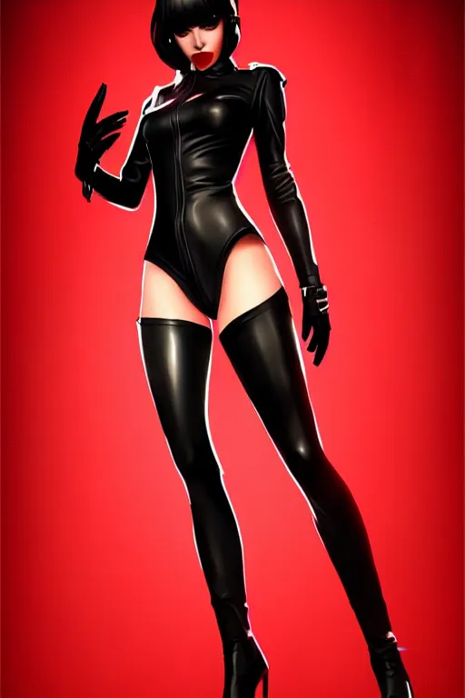 Image similar to dreamy girl character with perfect body in a nice black leather suit and red lips, very artistic pose and detailed clean face, perfect lighting. professional design. great composition, illustration, highly detailed, digital painting, concept art, trending on artstation, fantasy game art