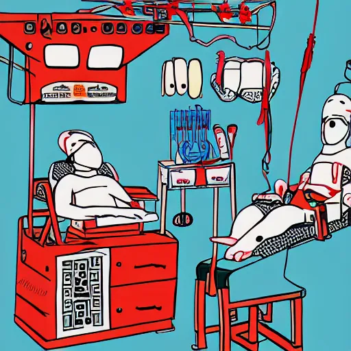 Image similar to chinese surgery operating table, in the style of daniel johnston and outsider art, 8k, line brush, minimal, hard lines, overlaid with traditional chinese adverts