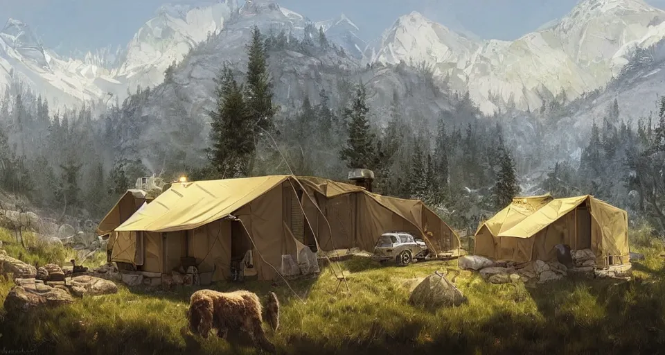 Image similar to cabela's beautiful comfortable community of modular insulated wall container home kit - house all weather military grade family dwelling tent house, person in foreground, mountainous forested wilderness open fields, beautiful views, painterly concept art, environmental concept art, concept art illustration, by james gurney, by craig mullins, by greg rutkowski trending on artstation