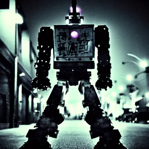 Image similar to giant robot at night, humanoid, eyes, historical photo, grainy, vintage, stark light, dramatic lighting, evil smile, street at night, cars in the background, trash on the ground, night sky, scary, evil