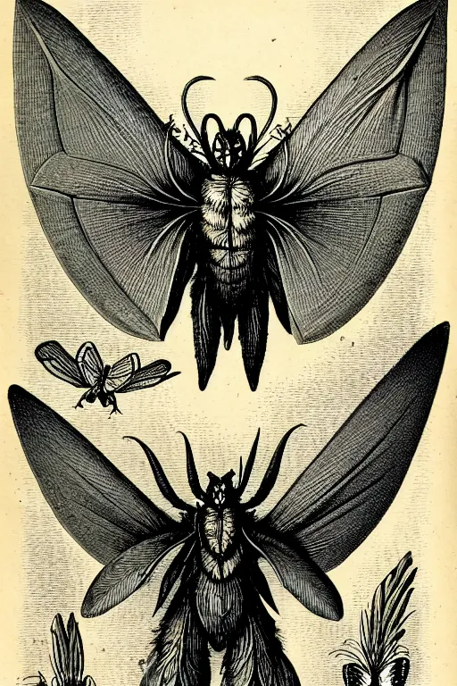 Image similar to a victorian naturalist's illustration of mothman, labels and notes, high detail, ultrasharp detail, intricate inked page border.