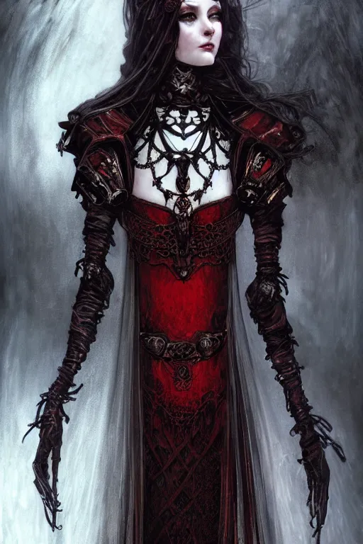 Image similar to beautiful luxury and gothic and victorian and evil medieval female reddish and black color armor knight portrait+smoky eyes+light flowing hair, in ruin gothic cathedral, ultradetail face, art and illustration by tian zi and craig mullins and WLOP and alphonse mucha, fantasy, intricate complexity, human structure, fantasy world concept, watermark, blurry, hyperrealism 8k