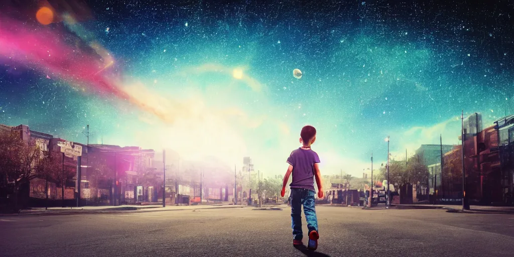 Prompt: color photo of a boy walking down a city in space, sky is full of stars